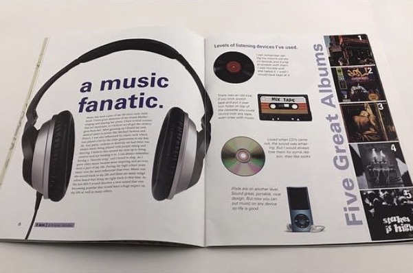 A music fanatic spread with large headphones and a Five Great Albums sidebar