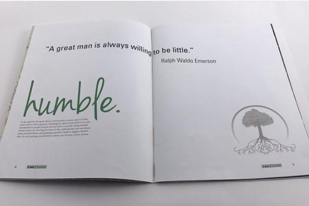 Spread with the word humble in green script, an Emerson quote and a tree illustration