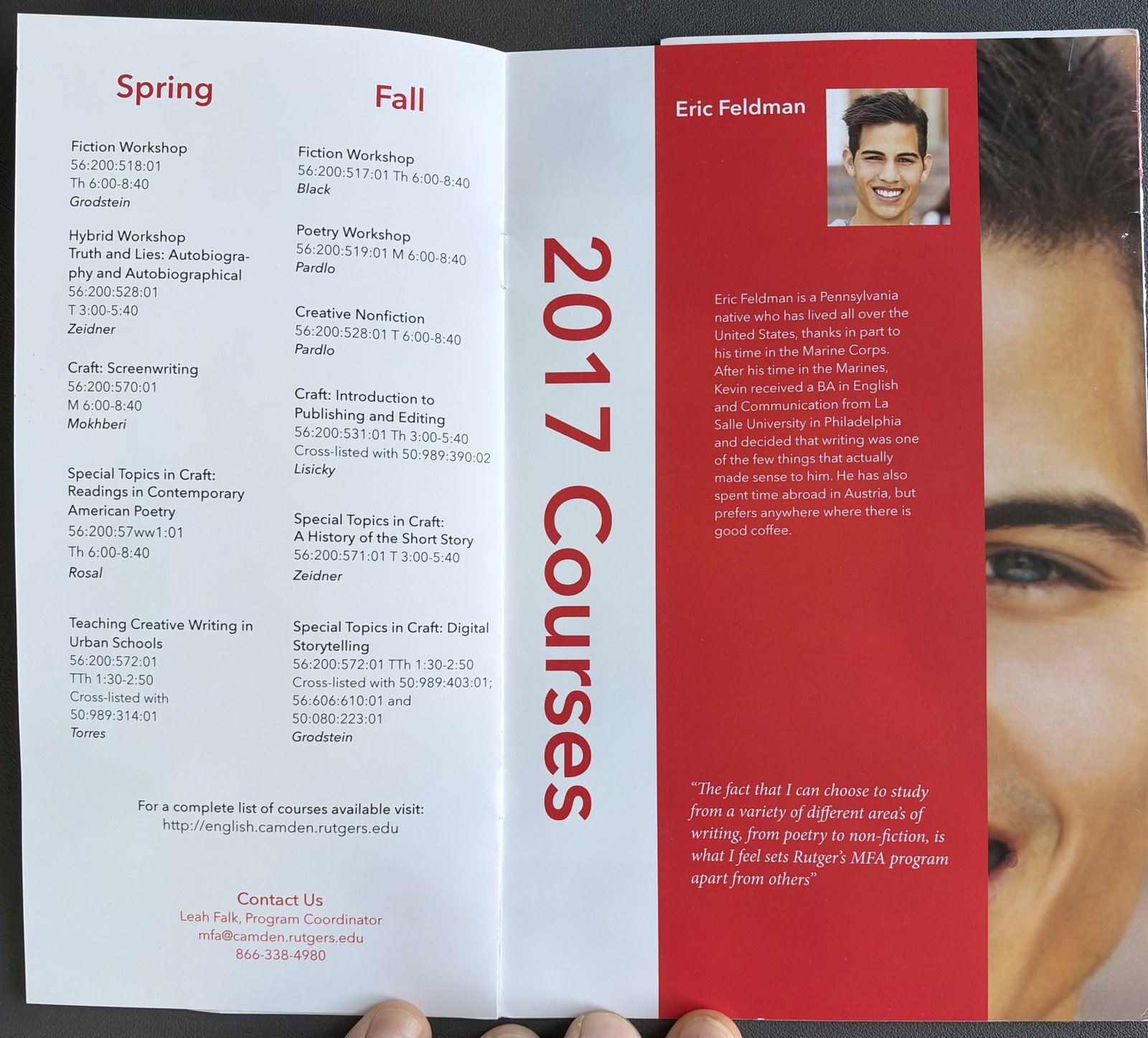 Spring and Fall 2017 course schedule with contact details, next to a student profile for Eric Feldman
