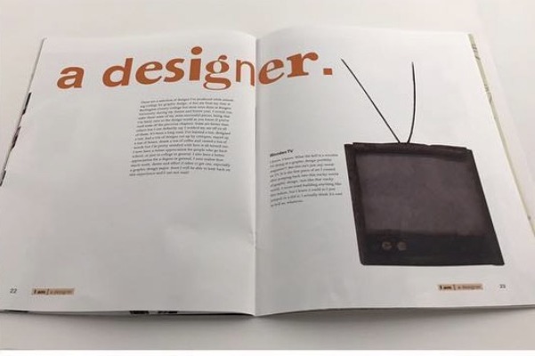A designer spread with orange headline type and a vintage television image