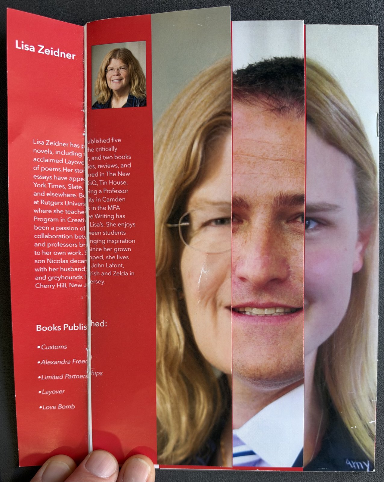 A red professor profile panel for Lisa Zeidner, with a portrait and list of published books, over the segmented faculty face
