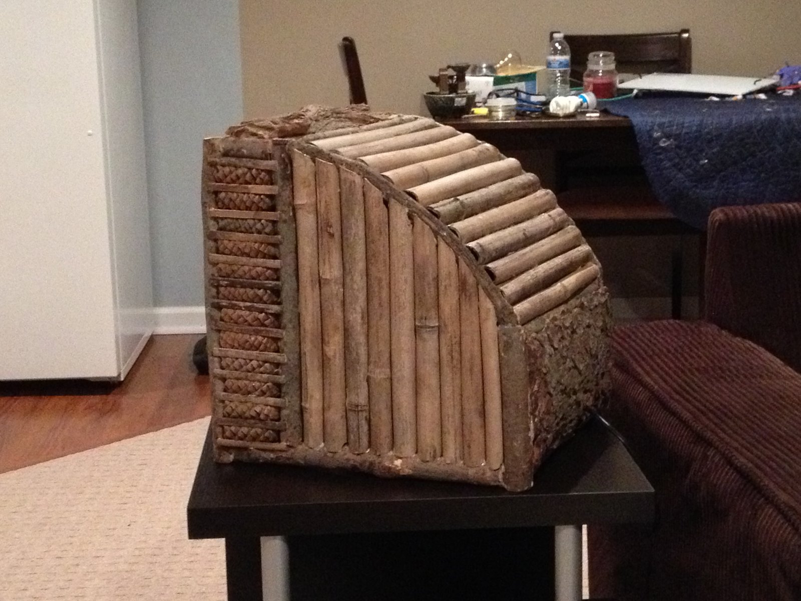 Side view showing rows of bamboo following the curved back of the television shape