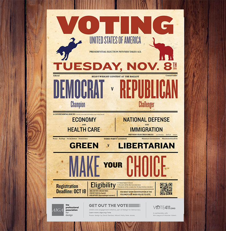 Voting poster styled like a vintage boxing bill, billing Democrat versus Republican for Tuesday, Nov. 8th 2016, with the four contending issues, a Green versus Libertarian third-party contest, “Make your choice” and registration and eligibility details above an AIGA Get Out the Vote footer