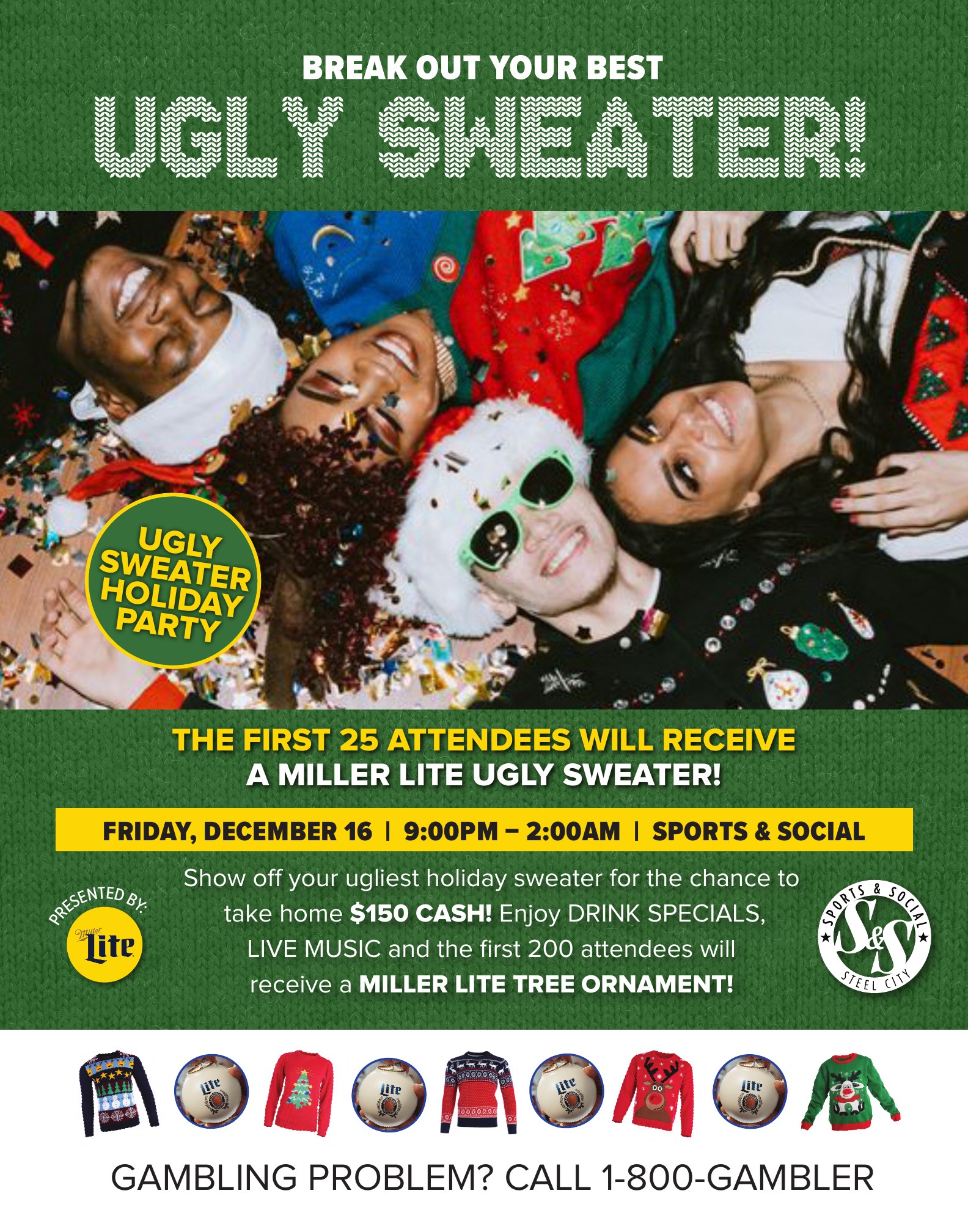 Break Out Your Best Ugly Sweater! poster on a green knit texture, with a photo of friends in holiday sweaters, the party date and time at Sports & Social, and a row of sweater illustrations