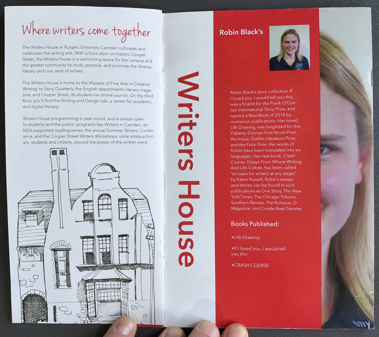 “Where writers come together” Writers House page with a line drawing of the building, beside a profile of Robin Black