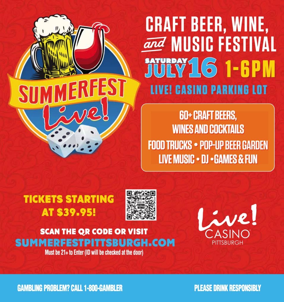 SummerFest Live! advertisement in red with a beer mug, wine glass and dice badge, the festival date and time, an orange highlights panel, ticket price and a QR code