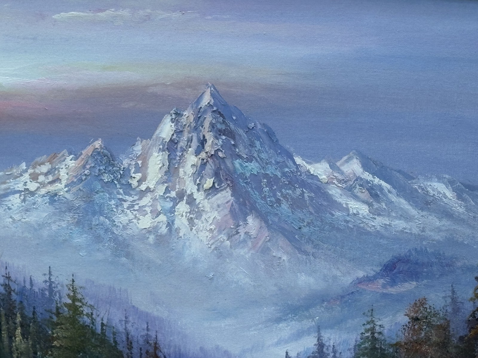 Close-up of the painted mountain peak and brushwork