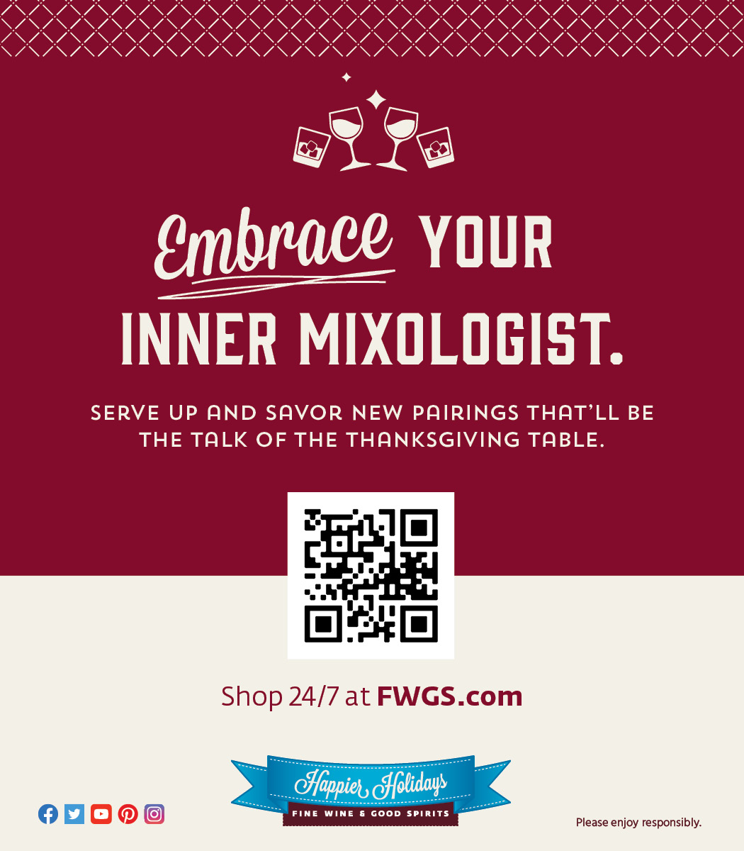 Embrace Your Inner Mixologist shelf talker for Fine Wine & Good Spirits, in cream type on deep red with glassware icons, a QR code and the Happier Holidays ribbon