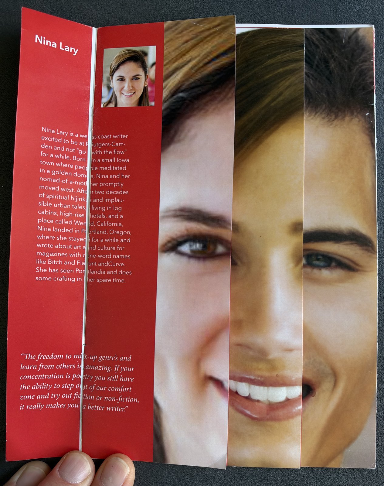 A narrow red student profile panel for Nina Lary folded over the segmented face, with a pull quote at the bottom