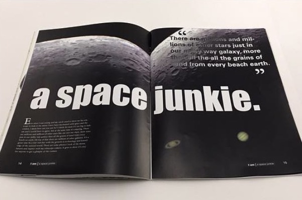 A space junkie spread set over a full-bleed photograph of the moon's surface