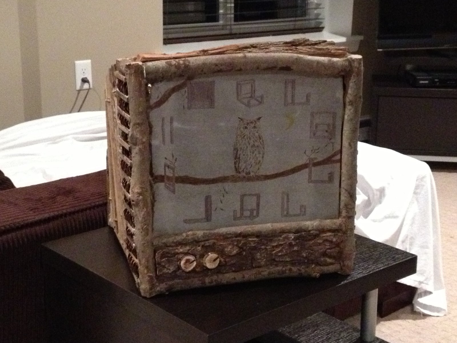 Front of the Bamboo Television: a bark and twig frame around a screen showing an owl on a branch, with two wooden knobs below