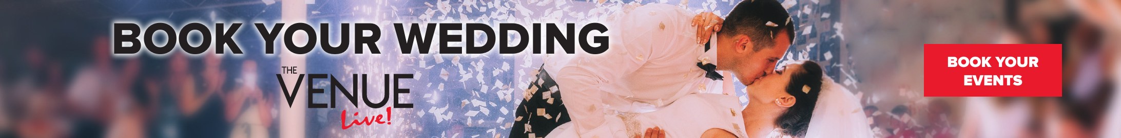 Wide billboard version of the Book Your Wedding ad with the headline and logo on the left and the button on the right