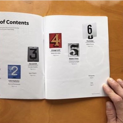 Table of contents spread with numbered chapter markers styled as vintage sign numerals