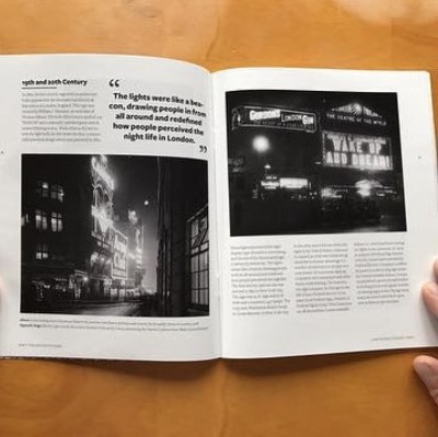 19th and 20th Century spread with black-and-white night photographs of London and a pull quote