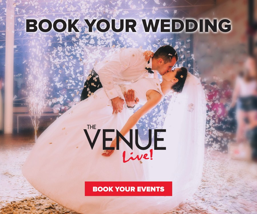 Book Your Wedding web ad for The Venue Live! showing a couple kissing under falling confetti, with a red Book Your Events button