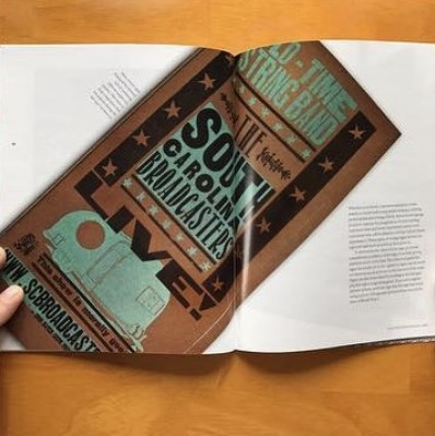 Spread featuring a letterpress-style South Carolina Broadcasters poster