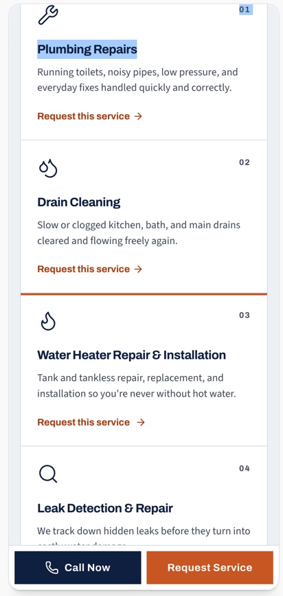 Mobile service list with a persistent Call Now and Request Service bar