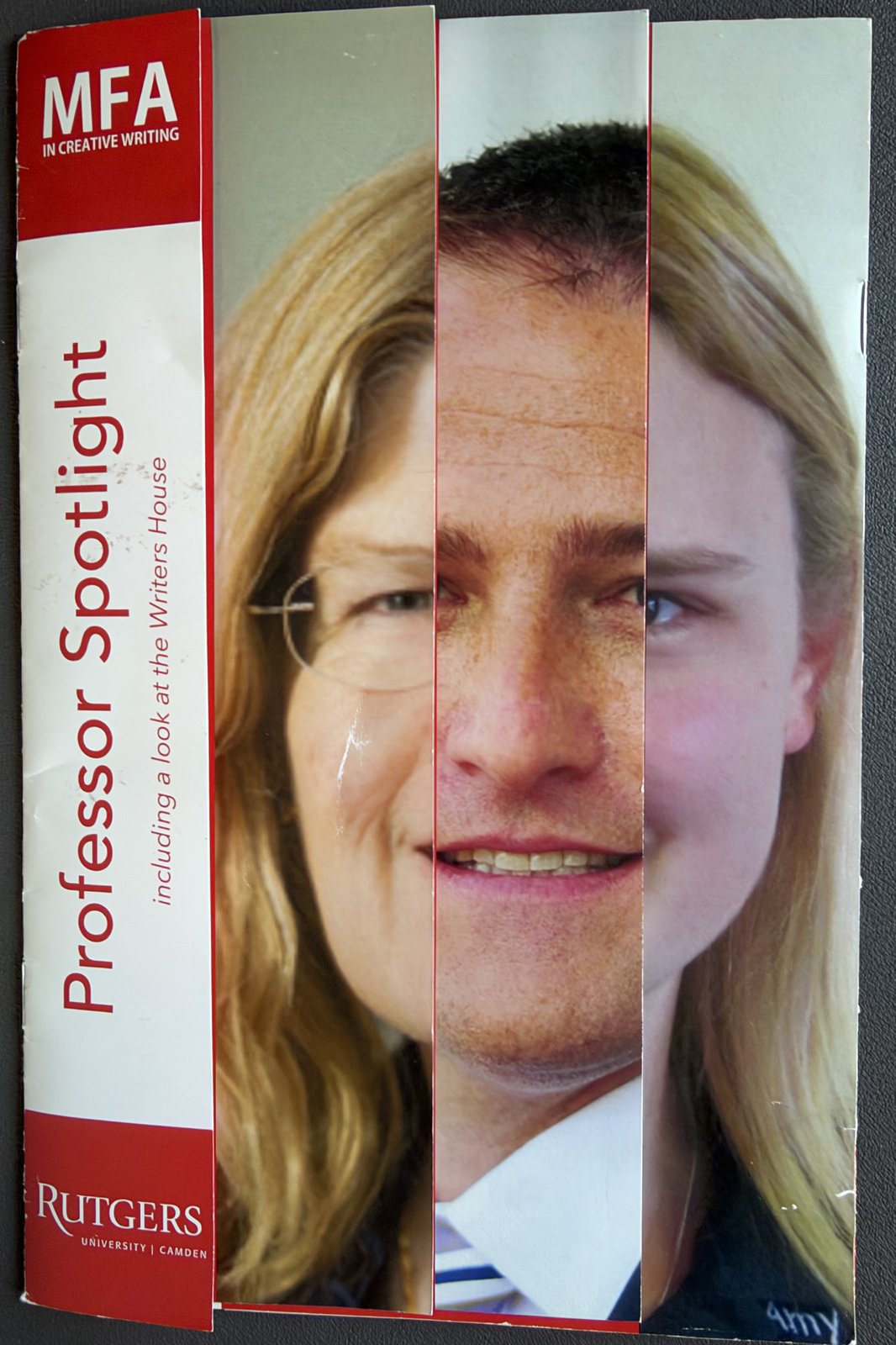 Professor Spotlight cover: a face assembled from vertical strips of faculty portraits beside a red Rutgers spine