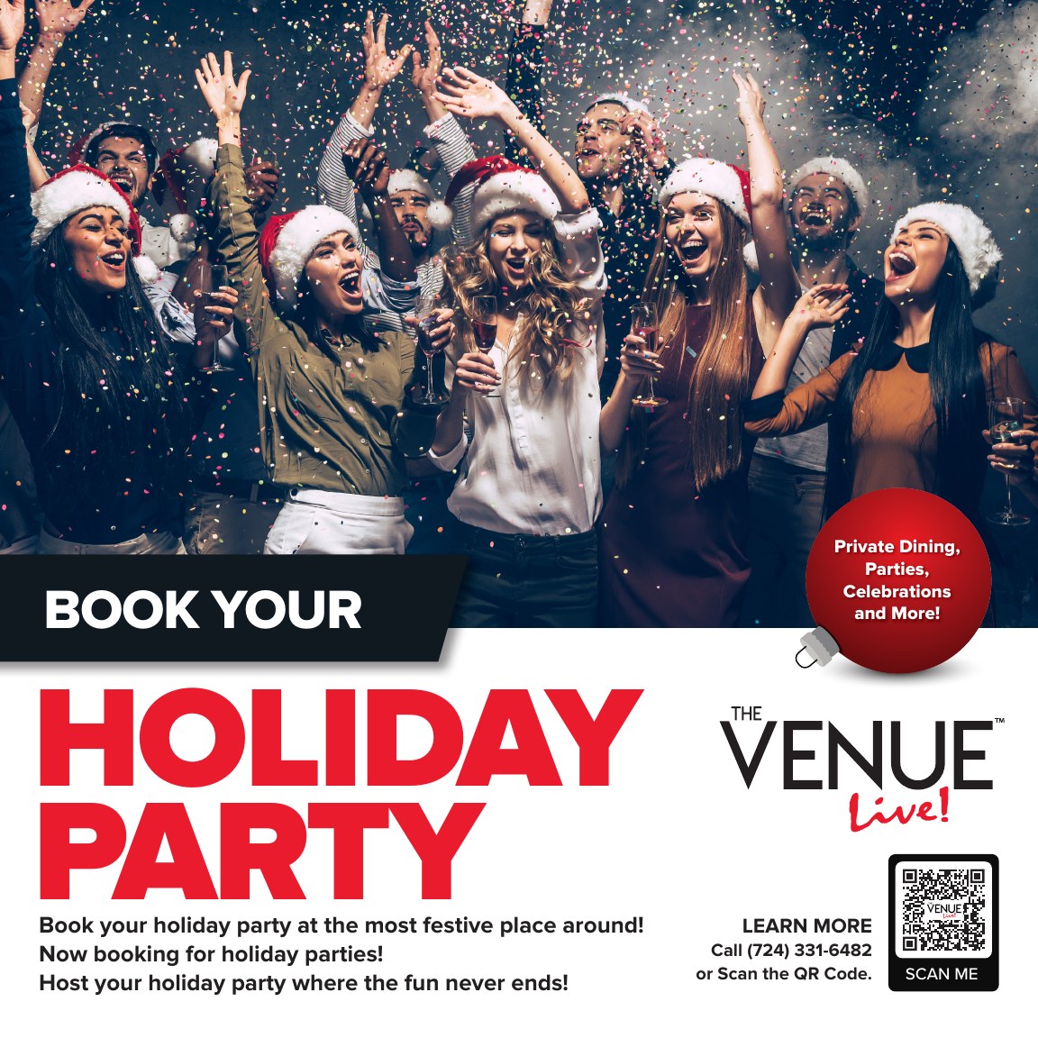 Book Your Holiday Party ad for The Venue Live!, with a crowd in Santa hats under confetti, a red ornament badge and a QR code