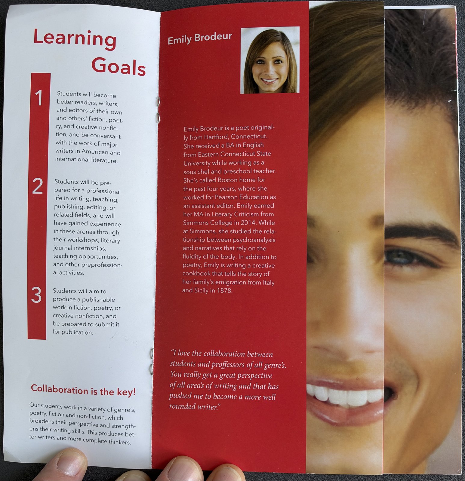 Opened panels showing three numbered Learning Goals beside a student profile for Emily Brodeur