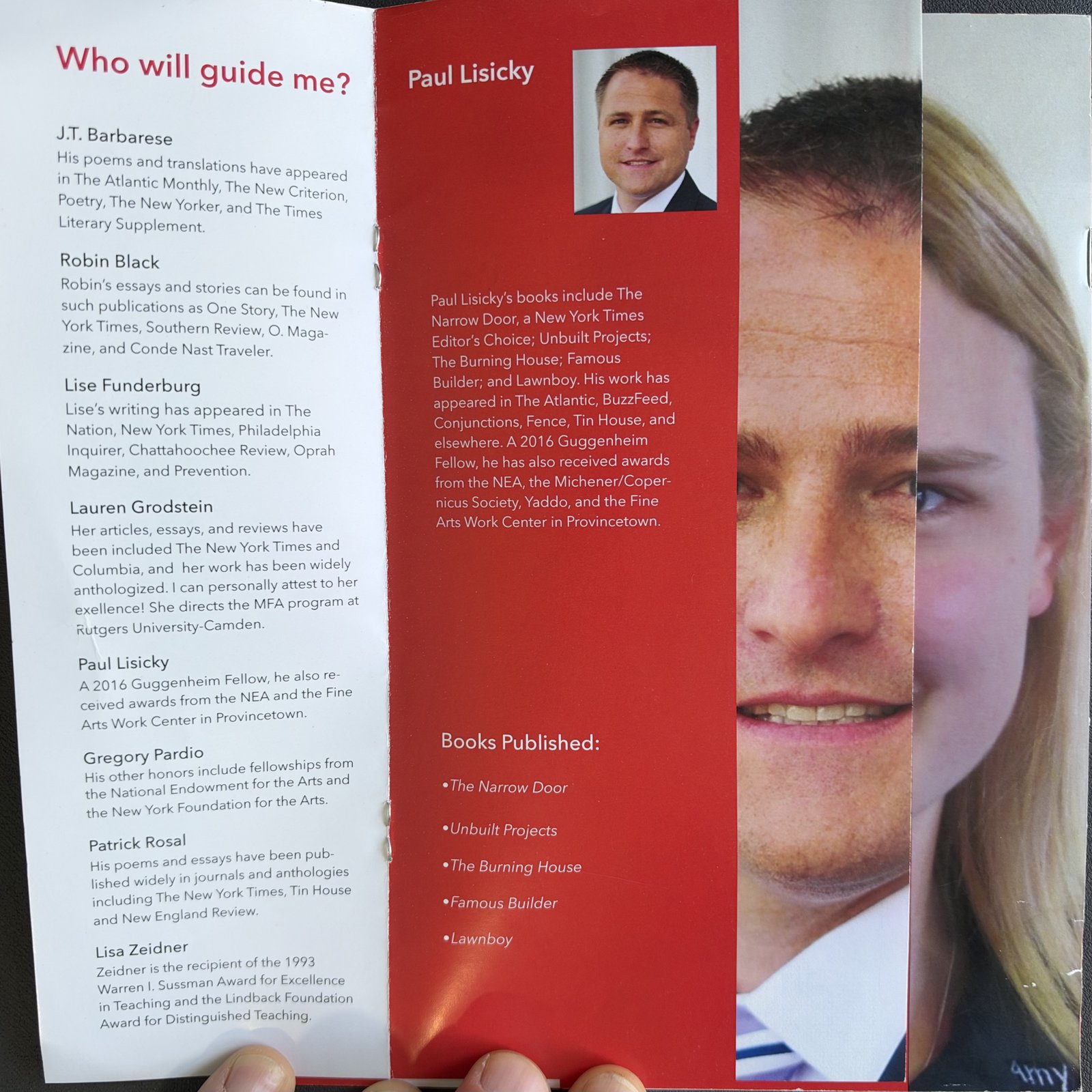 “Who will guide me?” faculty list beside a red profile panel for Paul Lisicky