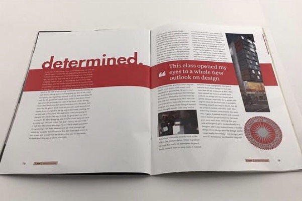 Determined spread with a red band headline and a pull quote