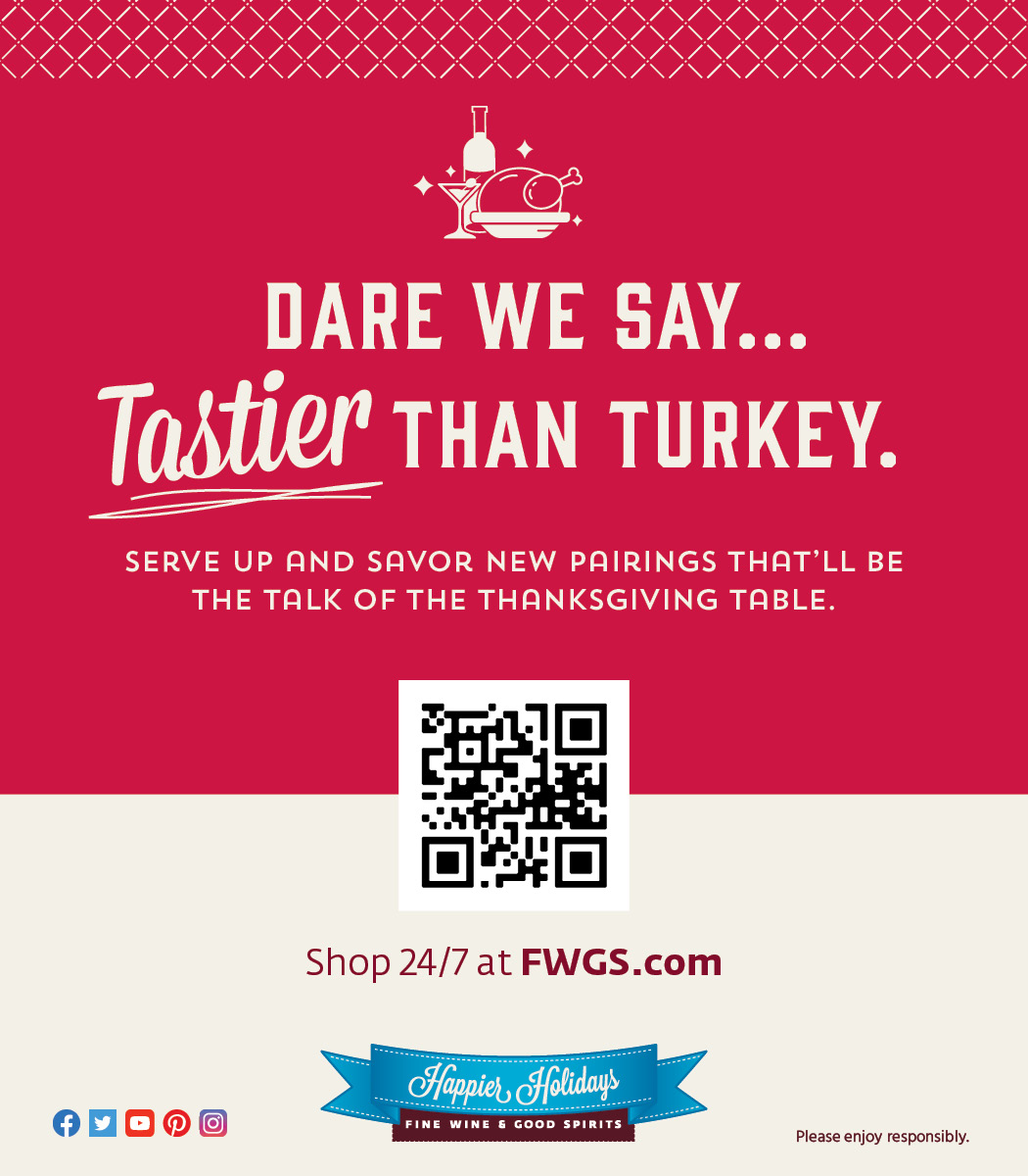 Dare We Say… Tastier Than Turkey shelf talker for Fine Wine & Good Spirits, in cream type on bright red with a turkey and bottle icon and a QR code