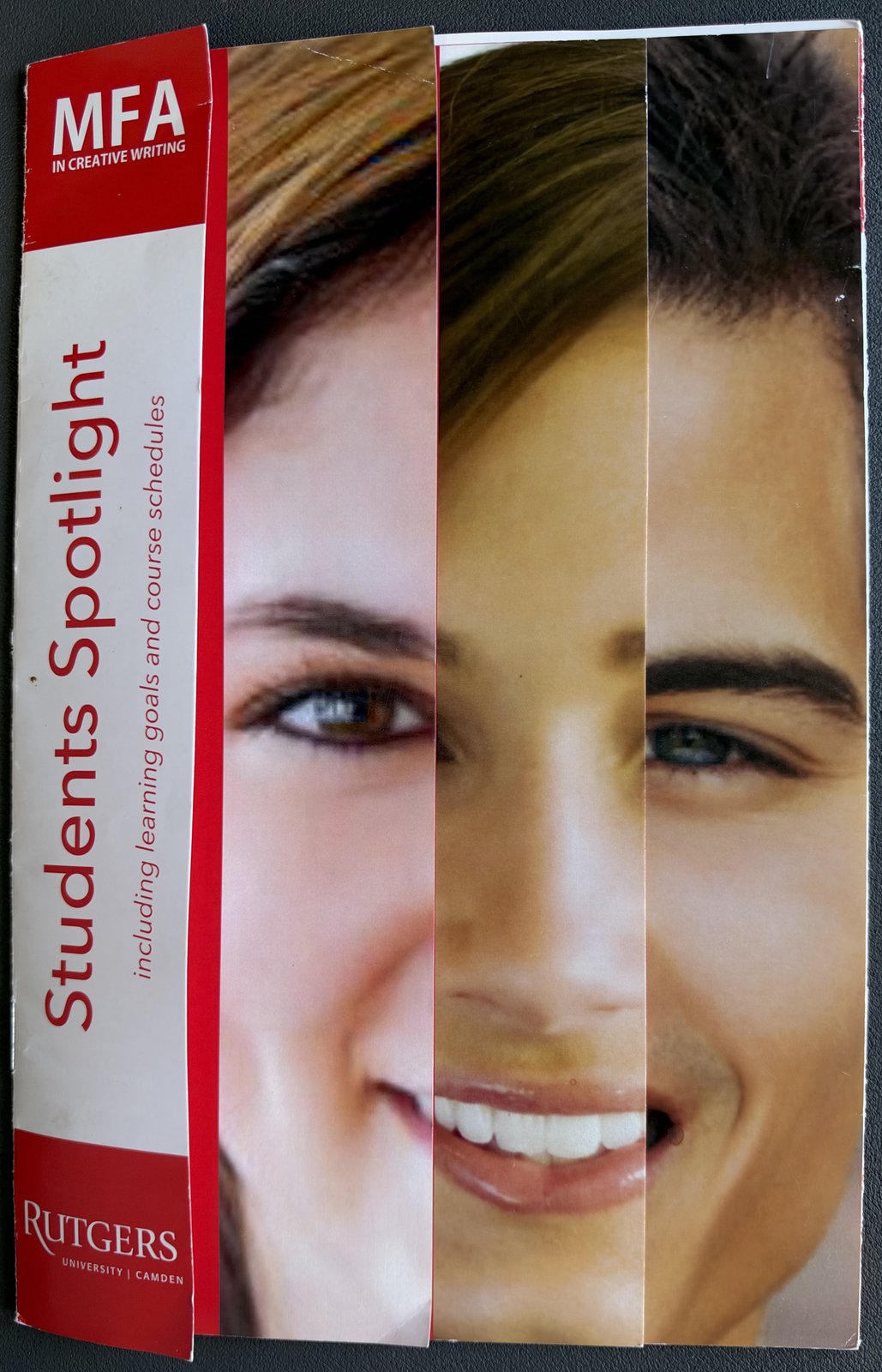 Closed Students Spotlight cover: a red MFA spine beside a face built from vertical strips of different students' portraits